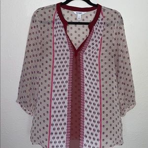 Cream Old Navy Blouse with Pink and Burgundy Print